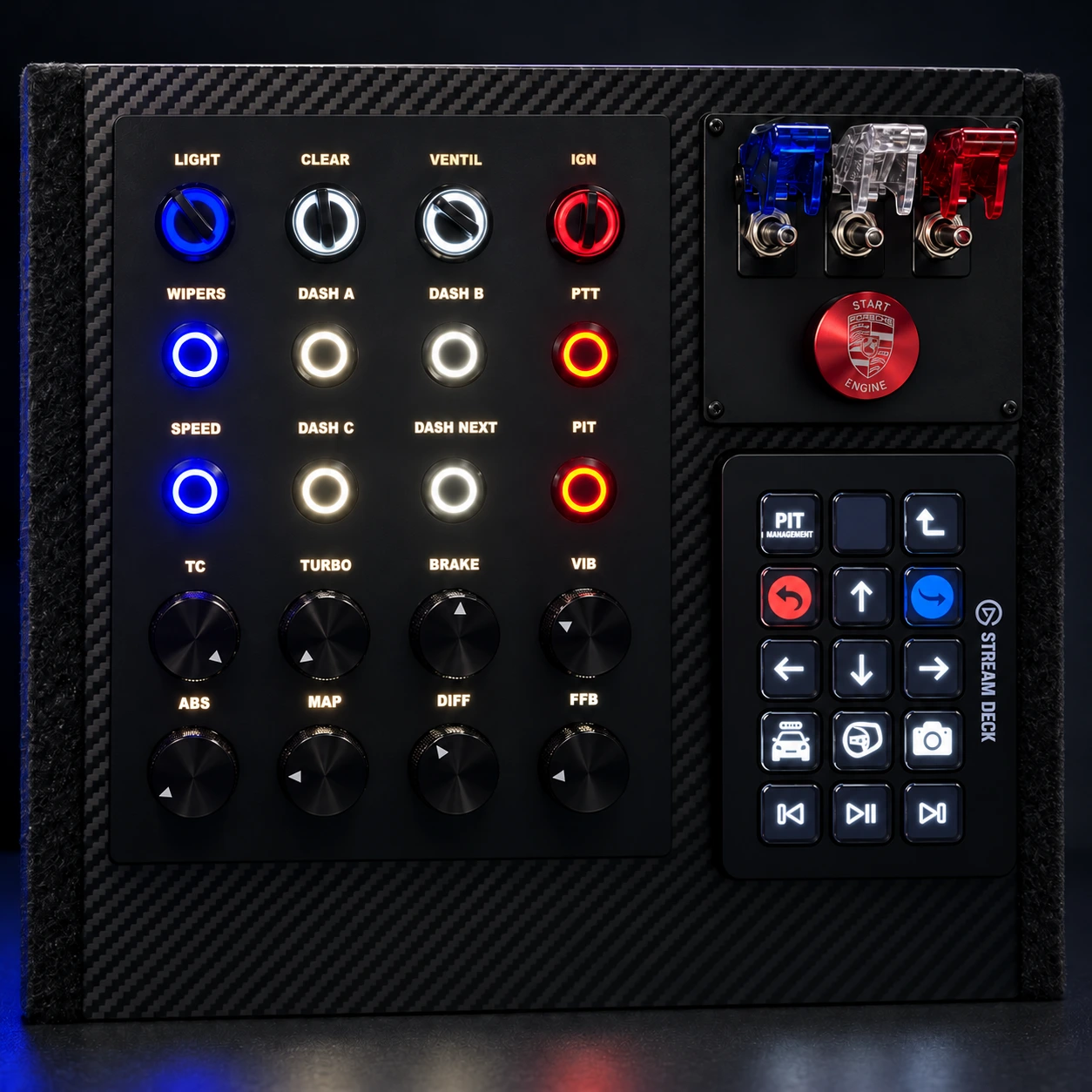 Visualisation retouchée de ma button box : boutons rétroéclairés, réglages rotatifs et Stream Deck